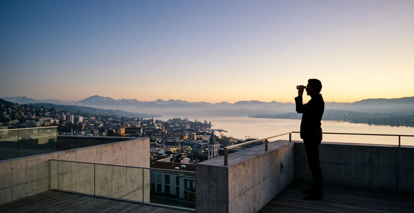 Silhouette contemplant un horizon alpin symbolisant l'anticipation des tendances culturelles en Suisse