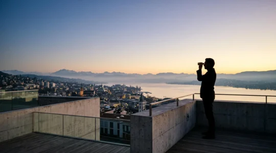 Silhouette contemplant un horizon alpin symbolisant l'anticipation des tendances culturelles en Suisse