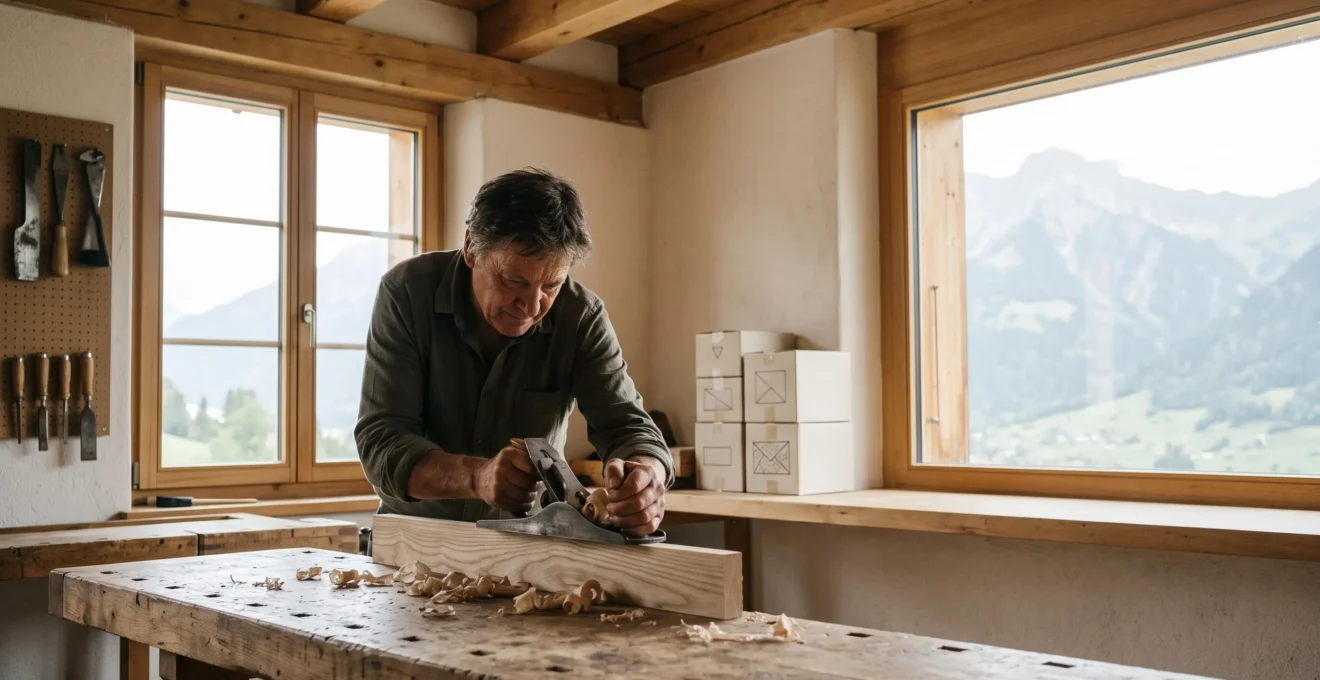 Artisan concentré modelant une pièce complexe dans un atelier lumineux de style suisse, symbole de l'immersion créative intensive