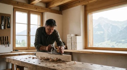 Artisan concentré modelant une pièce complexe dans un atelier lumineux de style suisse, symbole de l'immersion créative intensive