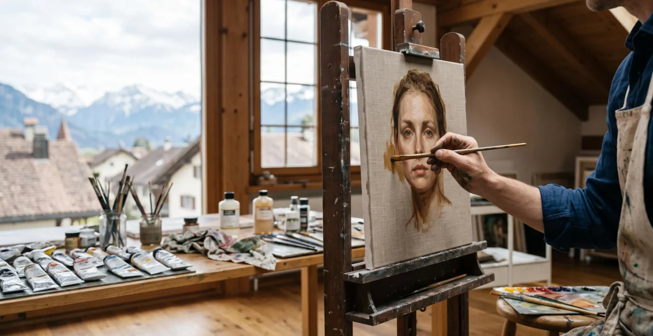 Artiste peintre appliquant un glacis translucide sur une toile dans un atelier lumineux inspiré des maîtres flamands, en Suisse