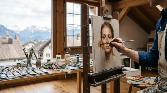 Artiste peintre appliquant un glacis translucide sur une toile dans un atelier lumineux inspiré des maîtres flamands, en Suisse