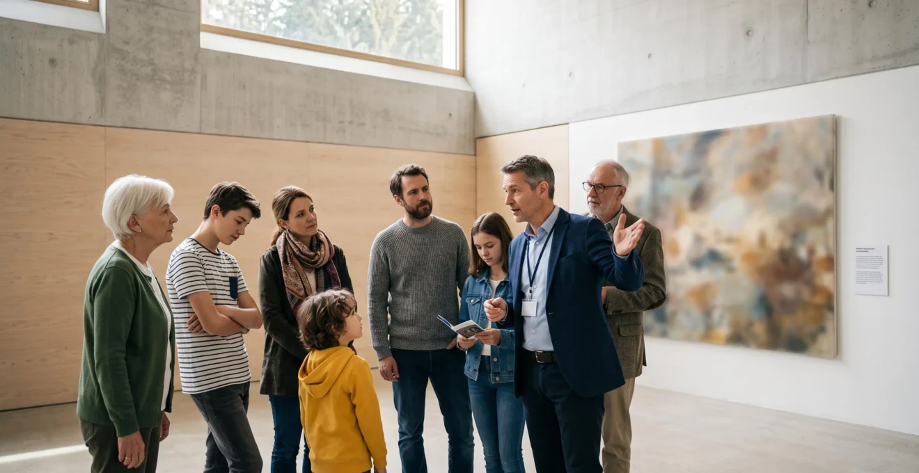 Groupe de visiteurs de tous âges captivés devant une œuvre d'art dans un musée suisse baigné de lumière naturelle