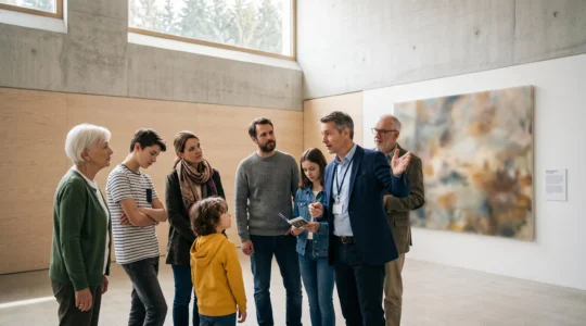 Groupe de visiteurs de tous âges captivés devant une œuvre d'art dans un musée suisse baigné de lumière naturelle