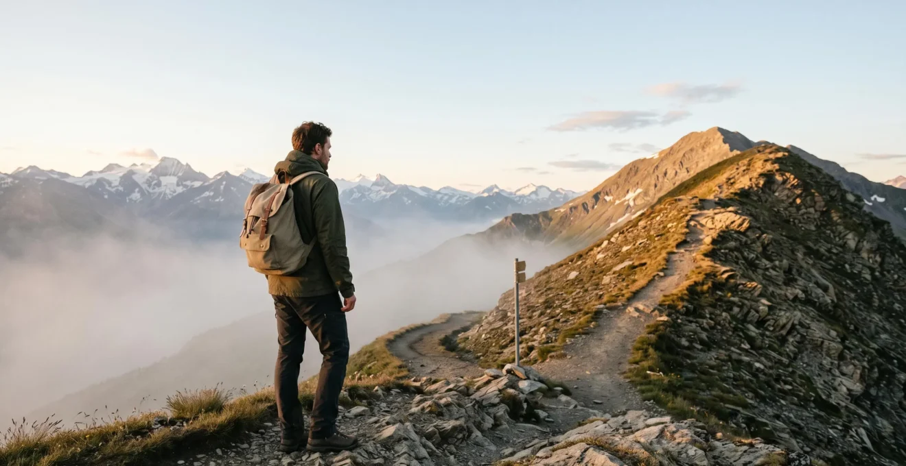 Silhouette d'un jeune voyageur face à un carrefour de chemins dans les Alpes suisses, symbole du choix entre fuite et clarté