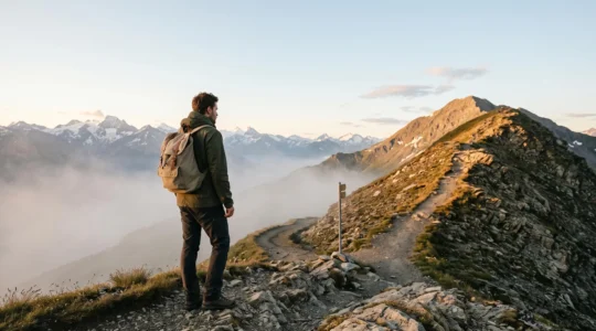 Silhouette d'un jeune voyageur face à un carrefour de chemins dans les Alpes suisses, symbole du choix entre fuite et clarté