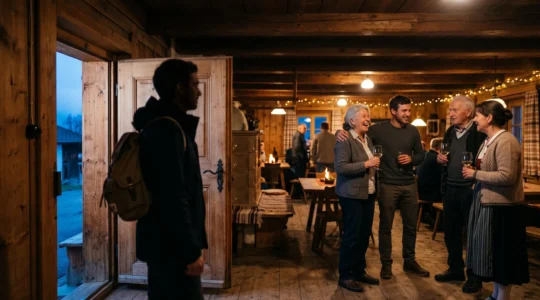 Un voyageur observe depuis le seuil d'une salle communale suisse animée où des habitants partagent un moment convivial, symbolisant la porte d'entrée vers un cercle social local fermé.