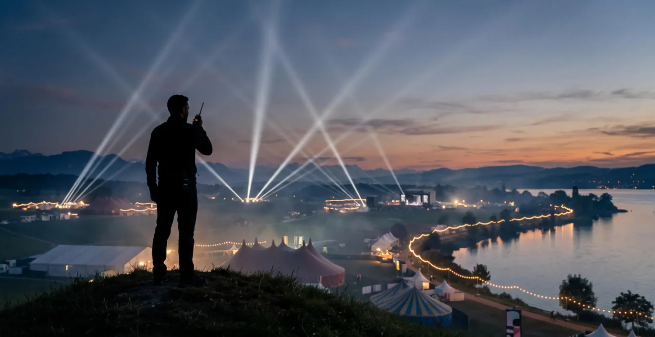 Silhouette d'un coordinateur d'événements orchestrant plusieurs scènes de festival simultanément au crépuscule en Suisse