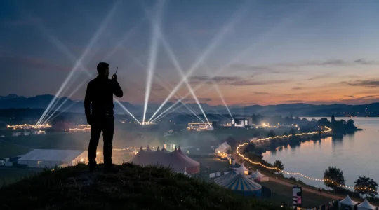 Silhouette d'un coordinateur d'événements orchestrant plusieurs scènes de festival simultanément au crépuscule en Suisse