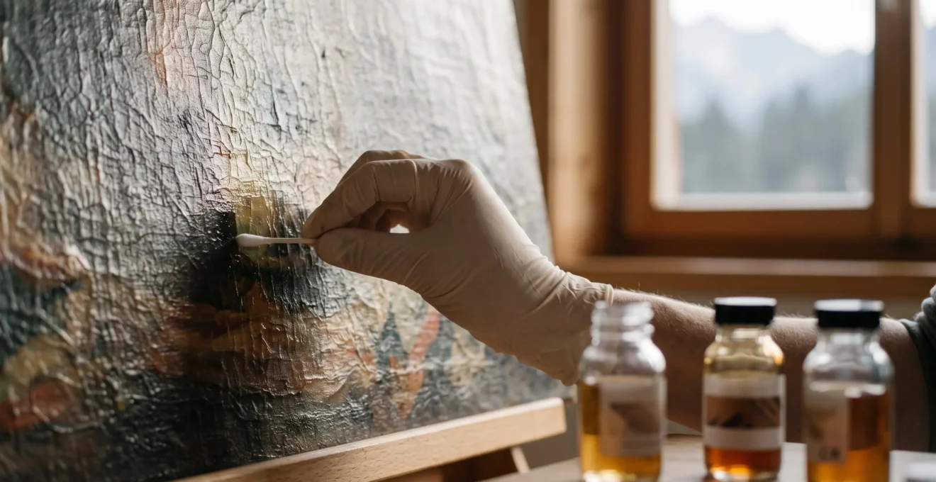 Restaurateur d'art examinant un tableau ancien sous une lumière rasante dans un atelier suisse, entre chimie et patrimoine