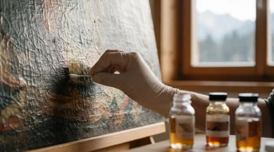 Restaurateur d'art examinant un tableau ancien sous une lumière rasante dans un atelier suisse, entre chimie et patrimoine