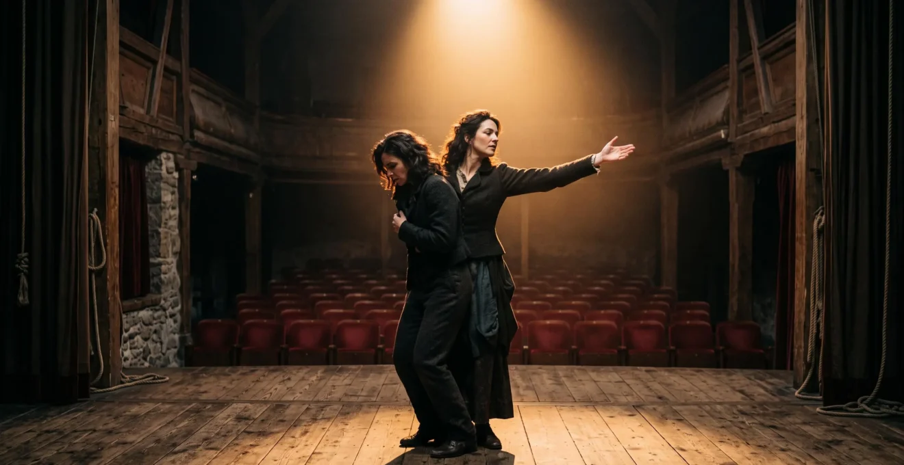 Comédien seul sur une scène de théâtre suisse, silhouette baignée de lumière chaude, incarnant le passage du trac à une présence magnétique