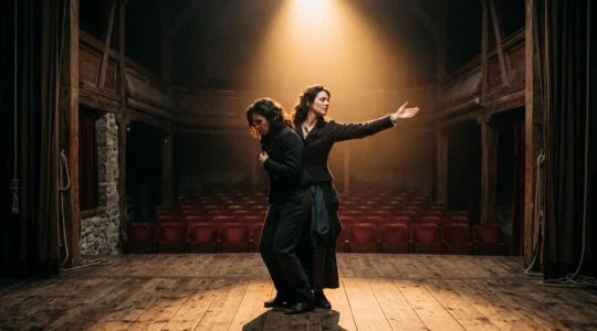 Comédien seul sur une scène de théâtre suisse, silhouette baignée de lumière chaude, incarnant le passage du trac à une présence magnétique