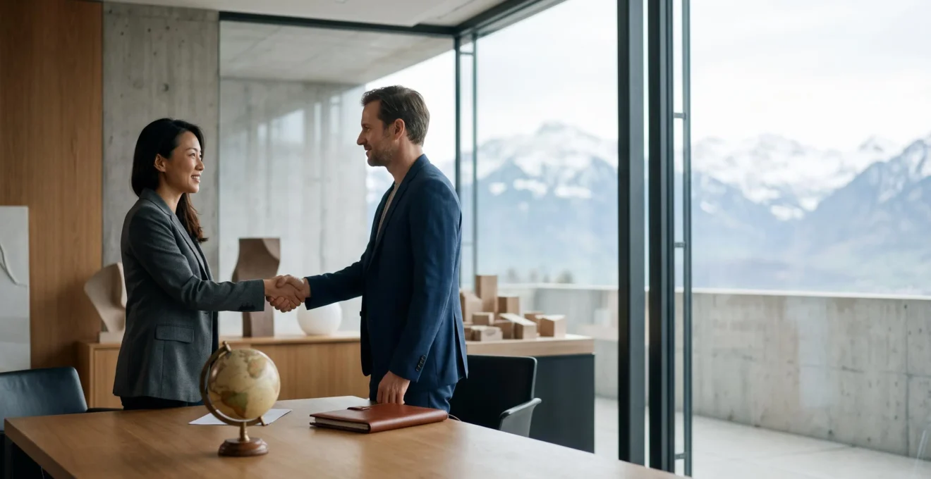 Deux professionnels de cultures differentes collaborant autour d'une table dans un bureau moderne suisse, symbole de la competence interculturelle valorisee par les employeurs internationaux