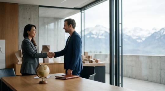Deux professionnels de cultures differentes collaborant autour d'une table dans un bureau moderne suisse, symbole de la competence interculturelle valorisee par les employeurs internationaux