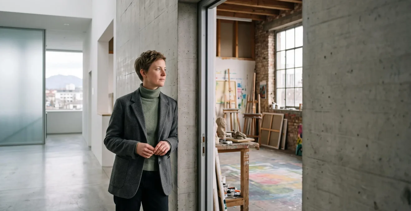Professionnel de la culture en Suisse faisant le lien entre pratique artistique et gestion institutionnelle, dans un cadre architectural épuré