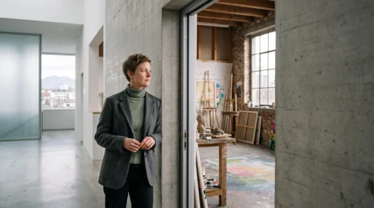 Professionnel de la culture en Suisse faisant le lien entre pratique artistique et gestion institutionnelle, dans un cadre architectural épuré