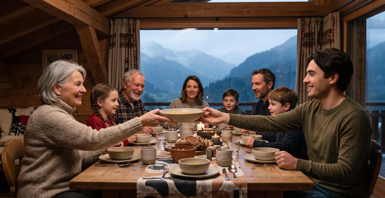 Repas familial partagé autour d'une table en bois dans un intérieur suisse chaleureux, symbolisant l'apprentissage culturel par le quotidien