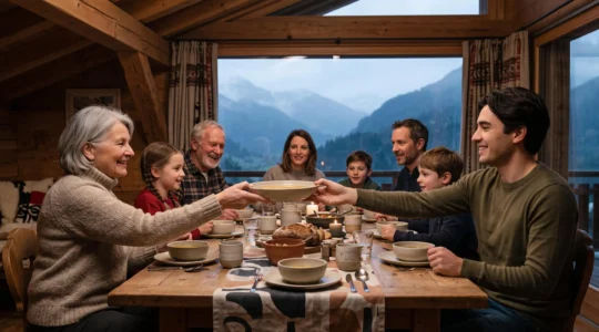 Repas familial partagé autour d'une table en bois dans un intérieur suisse chaleureux, symbolisant l'apprentissage culturel par le quotidien
