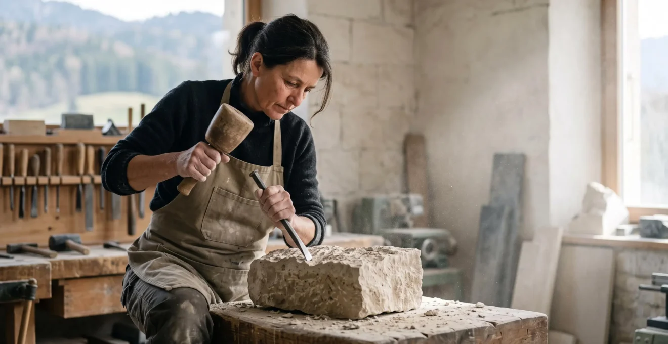 Sculpteur concentré positionnant son burin sur un bloc de pierre suisse avant un coup de massette maîtrisé