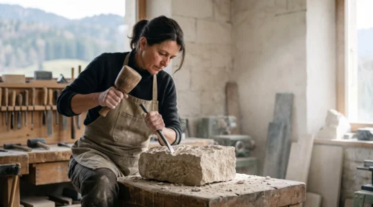 Sculpteur concentré positionnant son burin sur un bloc de pierre suisse avant un coup de massette maîtrisé