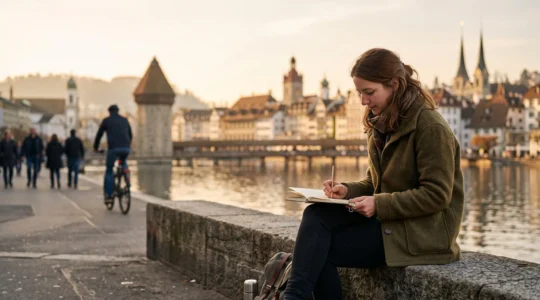 Illustrateur assis sur un quai suisse en train de croquer une scène urbaine animée dans un carnet de voyage