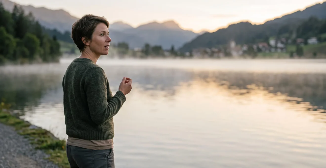 Personne se tenant face à un lac alpin suisse, bouche entrouverte sur le point de parler, symbolisant le déblocage de l'expression orale