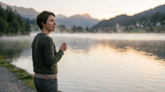 Personne se tenant face à un lac alpin suisse, bouche entrouverte sur le point de parler, symbolisant le déblocage de l'expression orale