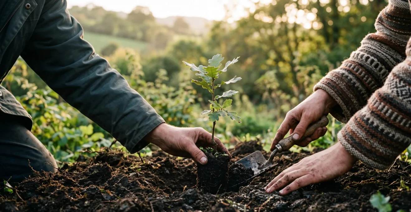 Mains suisses et locales plantant ensemble un jeune arbre, symbole d'un engagement solidaire egalitaire