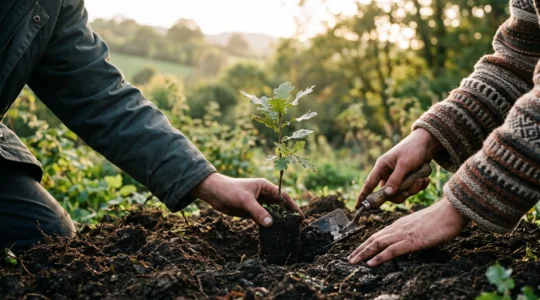 Mains suisses et locales plantant ensemble un jeune arbre, symbole d'un engagement solidaire egalitaire