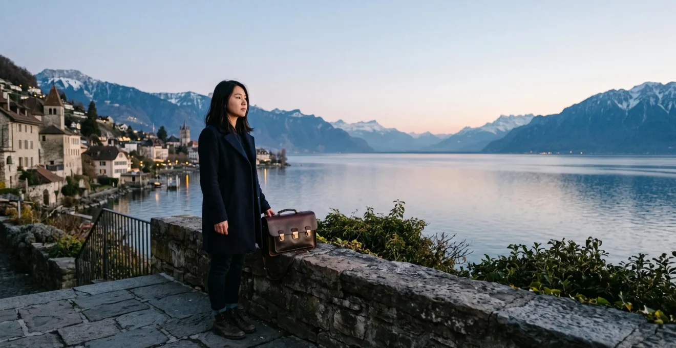 Etudiant suisse observant un choix de parcours academiques a l'etranger, symbolisant la selection strategique d'un module d'echange