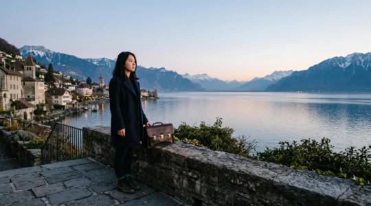 Etudiant suisse observant un choix de parcours academiques a l'etranger, symbolisant la selection strategique d'un module d'echange
