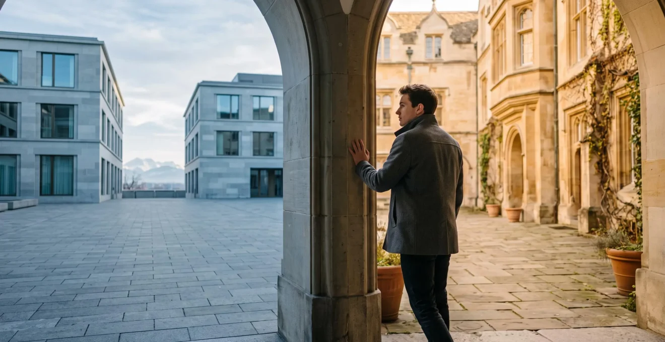Etudiant suisse reflechissant au seuil de deux univers academiques, symbole des codes implicites d'une haute ecole a l'etranger