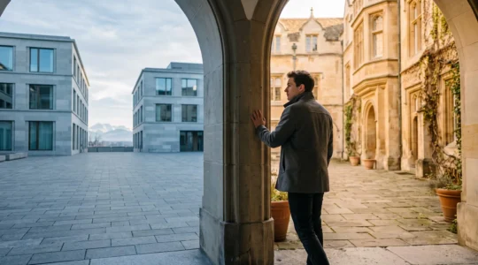 Etudiant suisse reflechissant au seuil de deux univers academiques, symbole des codes implicites d'une haute ecole a l'etranger