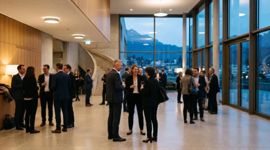 Vue élégante d'un hall de congrès suisse au crépuscule avec des professionnels en pleine discussion et les montagnes en arrière-plan