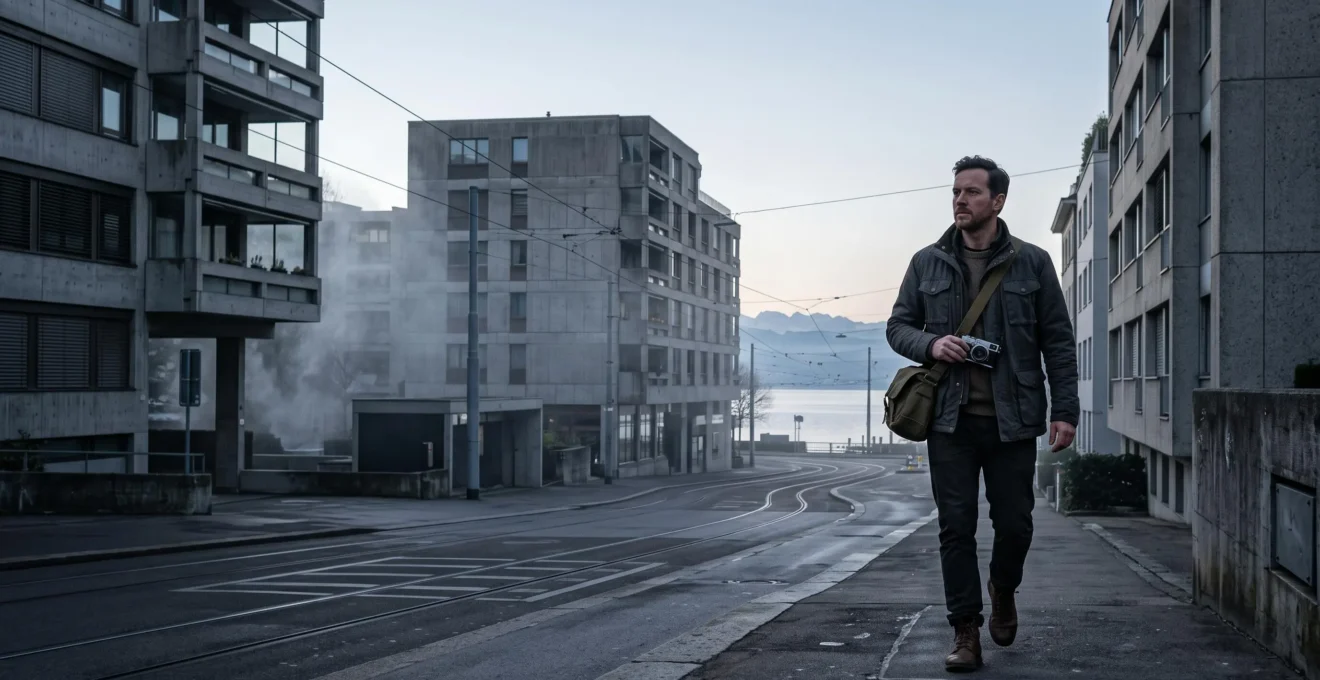 Photographe en exploration urbaine créative dans une ville suisse au petit matin, entre architecture moderne et brume légère