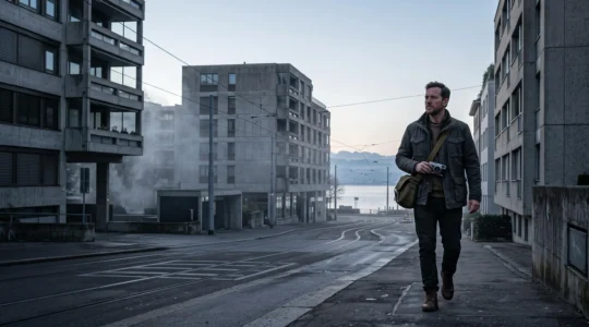 Photographe en exploration urbaine créative dans une ville suisse au petit matin, entre architecture moderne et brume légère