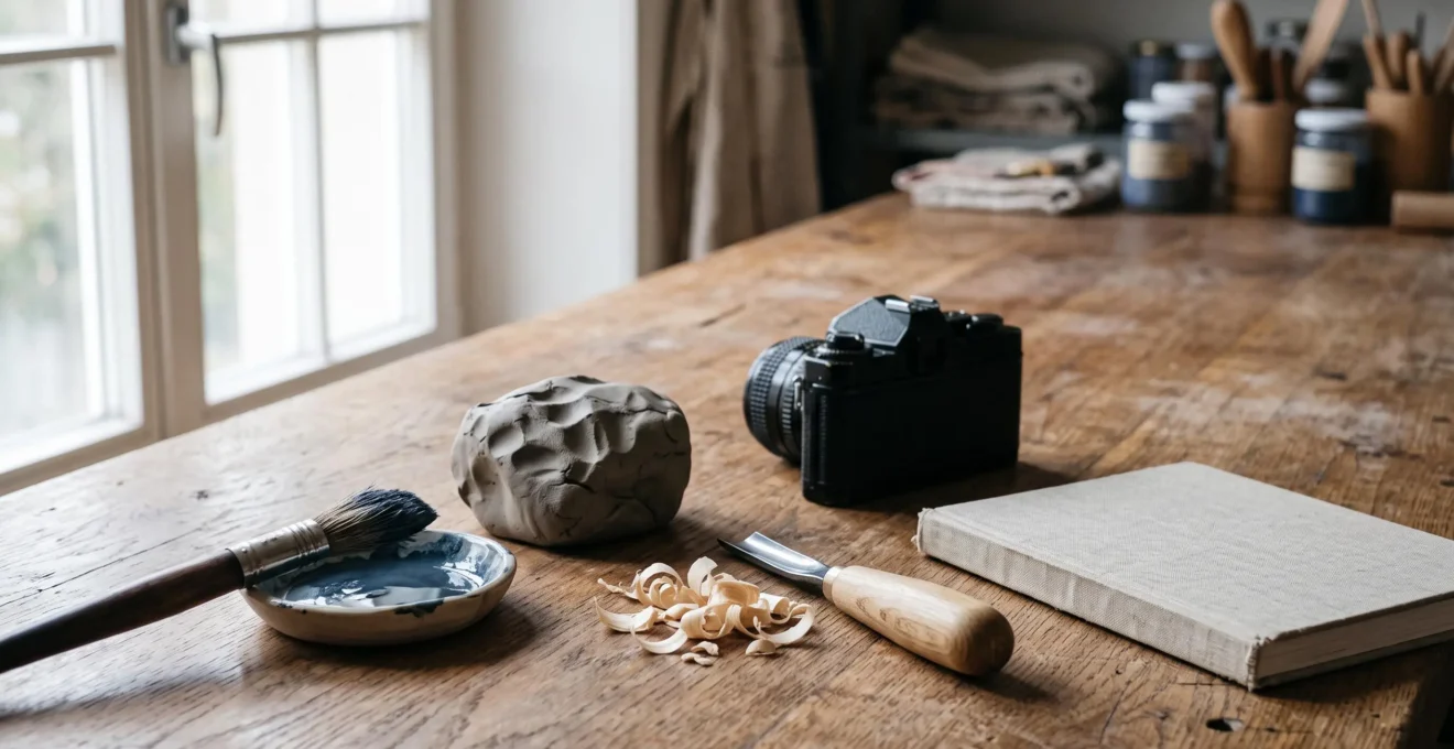 Nature morte symbolique représentant cinq disciplines artistiques (peinture, sculpture, céramique, photographie, dessin) posées sur un établi en bois dans un atelier suisse baigné de lumière naturelle