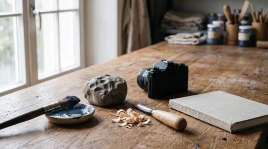 Nature morte symbolique représentant cinq disciplines artistiques (peinture, sculpture, céramique, photographie, dessin) posées sur un établi en bois dans un atelier suisse baigné de lumière naturelle