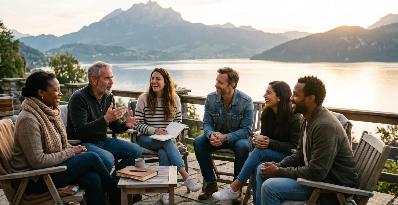 Groupe d'apprenants adultes en pleine session de cours de langue intensif au bord d'un lac suisse, symbolisant une progression linguistique accélérée