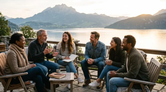 Groupe d'apprenants adultes en pleine session de cours de langue intensif au bord d'un lac suisse, symbolisant une progression linguistique accélérée