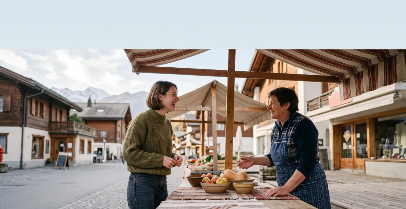 Personne en pleine conversation naturelle dans un cadre urbain suisse typique, illustrant l'immersion linguistique quotidienne