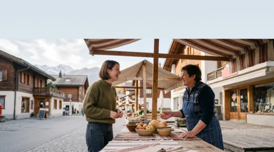 Personne en pleine conversation naturelle dans un cadre urbain suisse typique, illustrant l'immersion linguistique quotidienne
