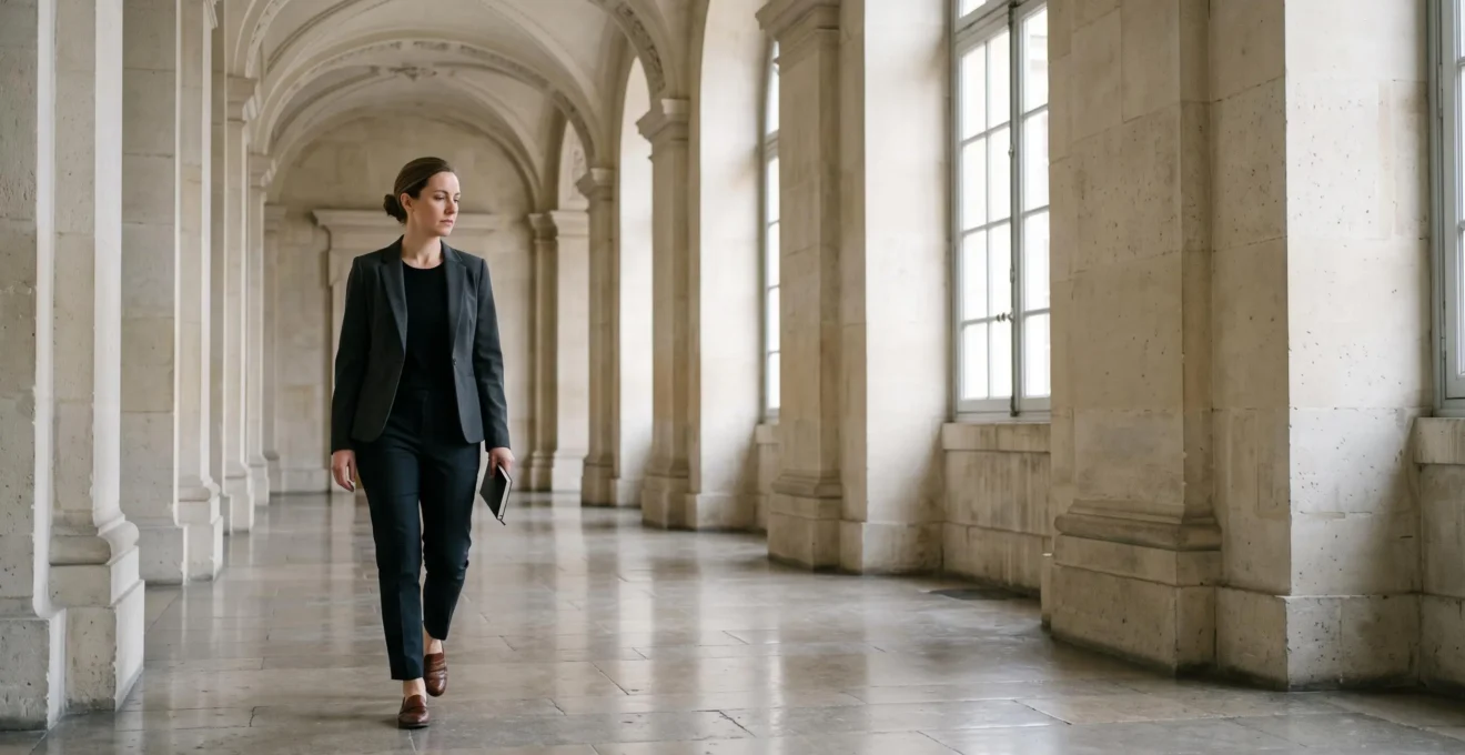 Silhouette d'une professionnelle de musée traversant un hall d'exposition suisse baigné de lumière, évoquant les dynamiques de pouvoir invisibles d'une institution culturelle