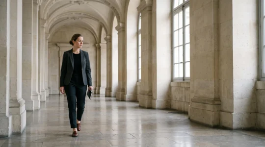 Silhouette d'une professionnelle de musée traversant un hall d'exposition suisse baigné de lumière, évoquant les dynamiques de pouvoir invisibles d'une institution culturelle