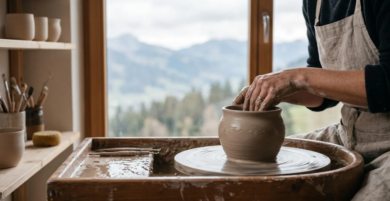 Mains d'un artisan façonnant avec précision une pièce en céramique sur un tour de potier, dans un atelier lumineux inspiré des Alpes suisses