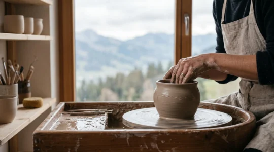 Mains d'un artisan façonnant avec précision une pièce en céramique sur un tour de potier, dans un atelier lumineux inspiré des Alpes suisses