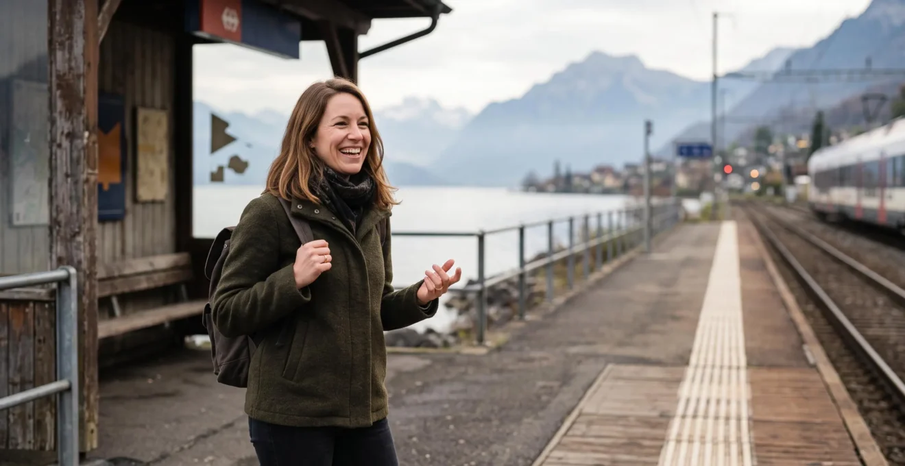 Personne engagee dans une conversation spontanee et confiante dans un lieu public suisse, symbolisant le passage du blocage linguistique a la fluidite