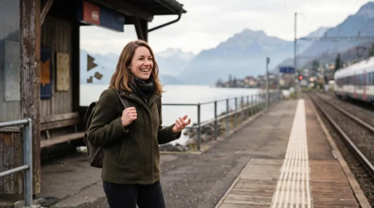 Personne engagee dans une conversation spontanee et confiante dans un lieu public suisse, symbolisant le passage du blocage linguistique a la fluidite