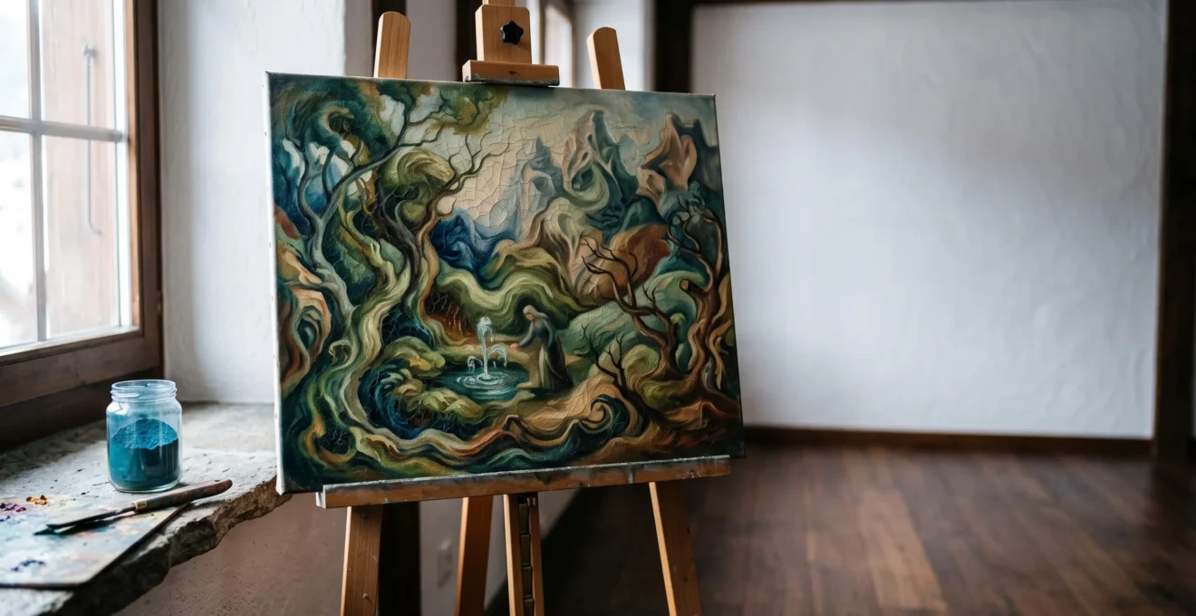 Gros plan artistique sur une toile ancienne montrant des craquelures fines dans la couche picturale, éclairée par une lumière naturelle douce